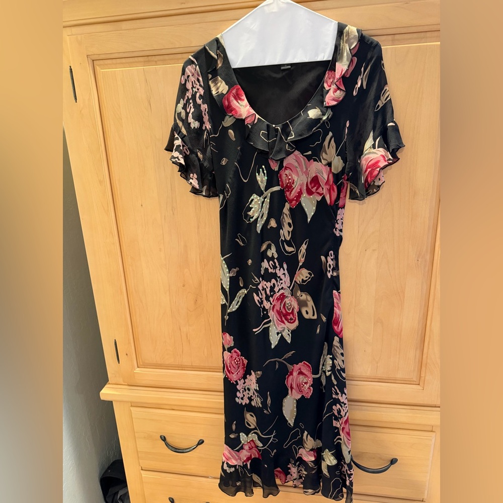 Lapis Vintage Black Silk Dress with Pink and Gold Floral Design Medium Women’s